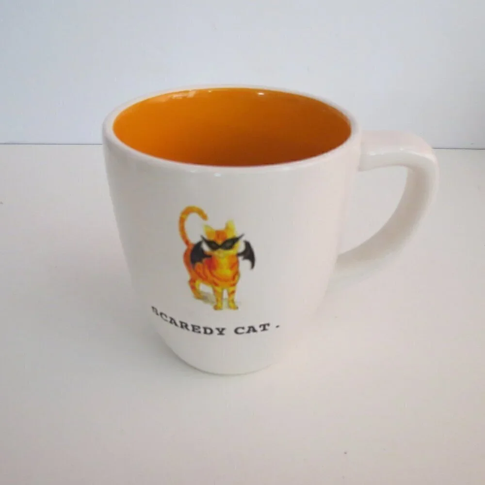 RARE Rae Dunn Scaredy Cat coffee/tea Mug 20 oz White Orange Halloween #91
